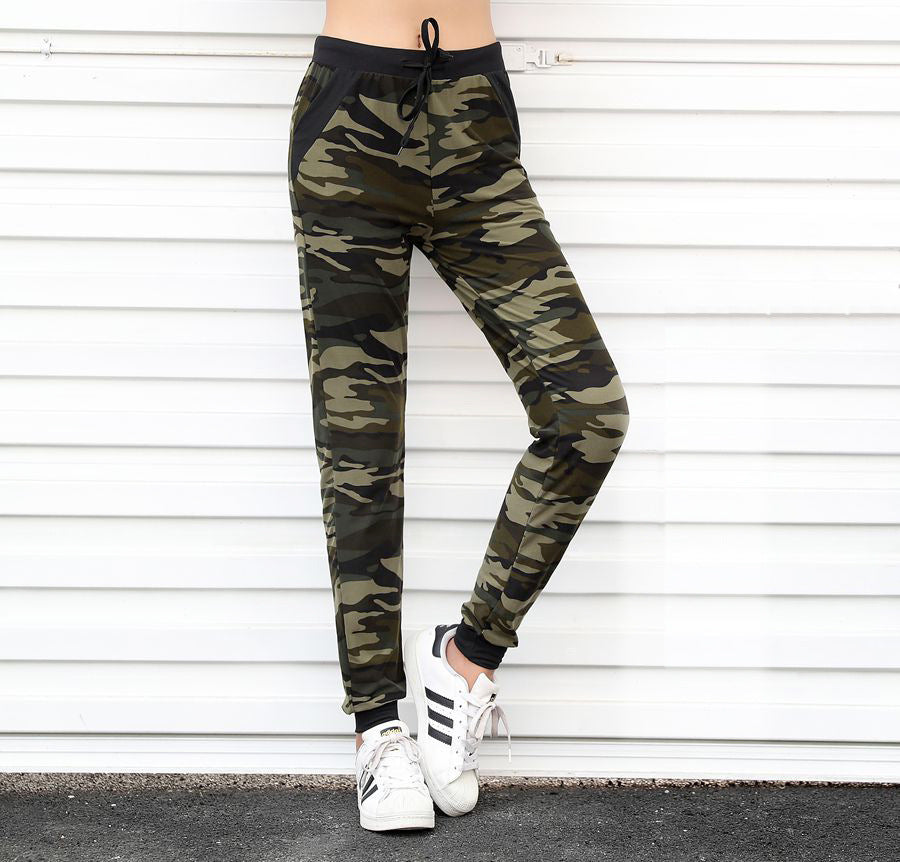 AliExpress Wish Explosion models European and American ladies drawstring waist camouflage pencil pants Slim skinny stretch camouflage pants