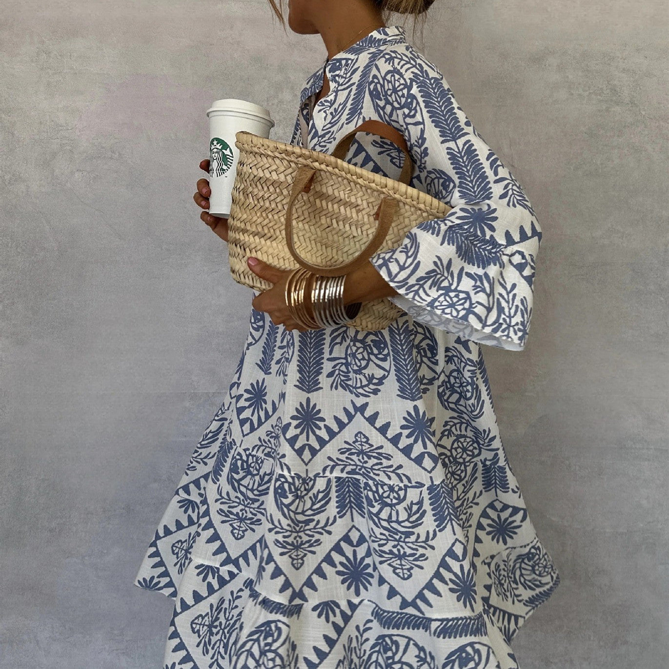 Autumn Casual Print Vacation Loose Dress Women Fashion V-neck Flare Sleeve Elegant Ruffle Shirt Dress Female Vintage Loose Dress